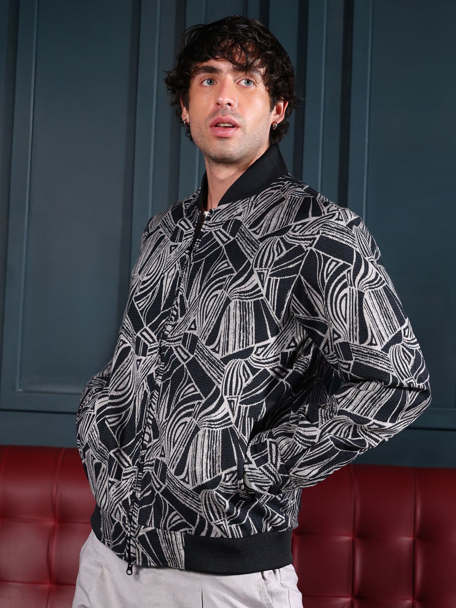 Men Black Stroke-Jacquard Bomber Jacket