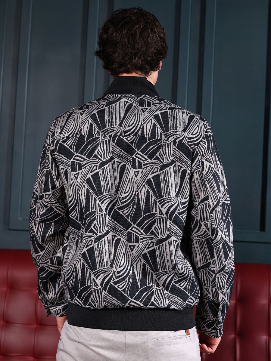 Men Black Stroke-Jacquard Bomber Jacket