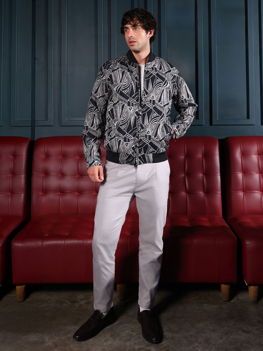 Men Black Stroke-Jacquard Bomber Jacket