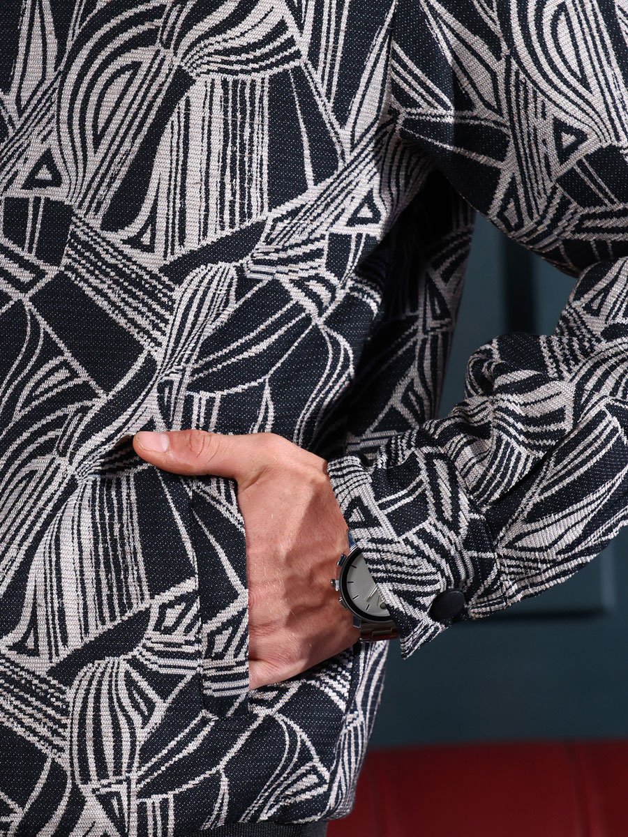 Men Black Stroke-Jacquard Bomber Jacket