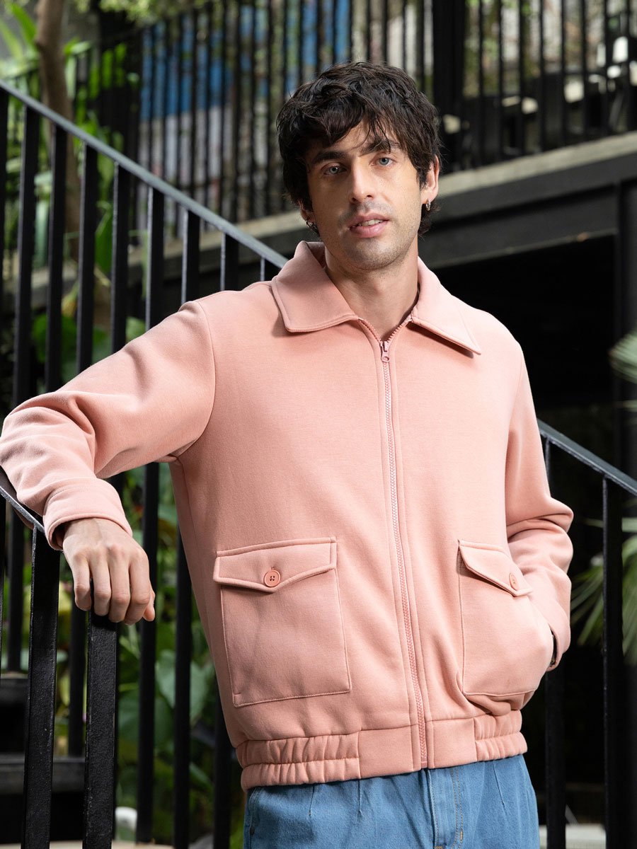Men Peach Pink Zip-Front Knit Jacket