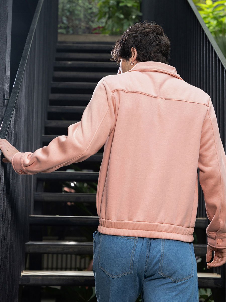 Men Peach Pink Zip-Front Knit Jacket