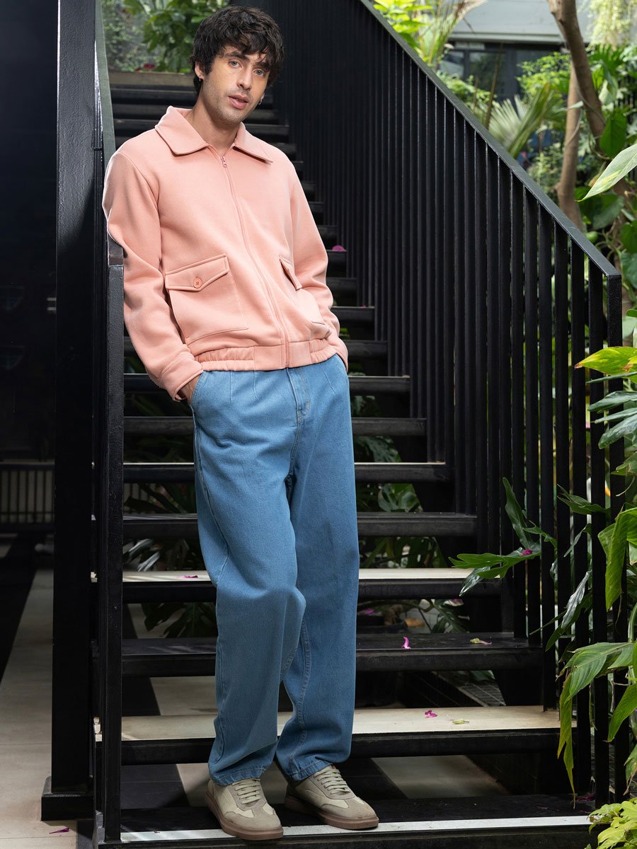 Men Peach Pink Zip-Front Knit Jacket