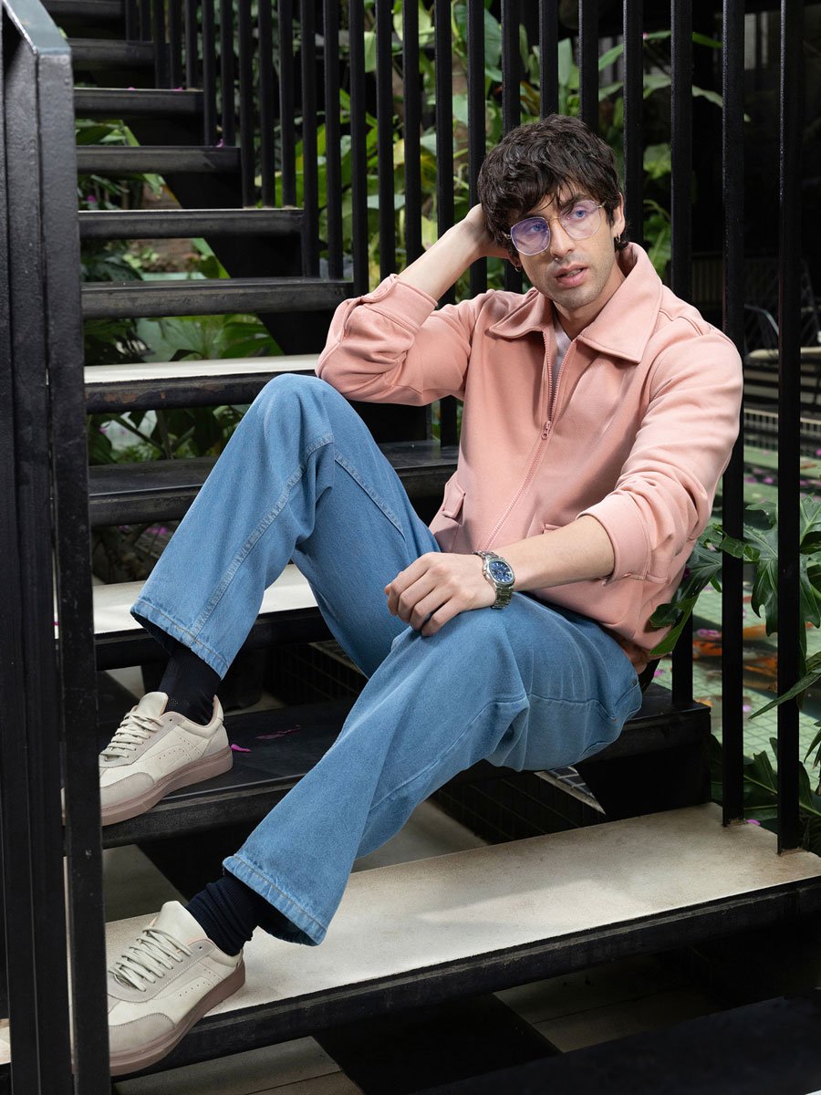 Men Peach Pink Zip-Front Knit Jacket