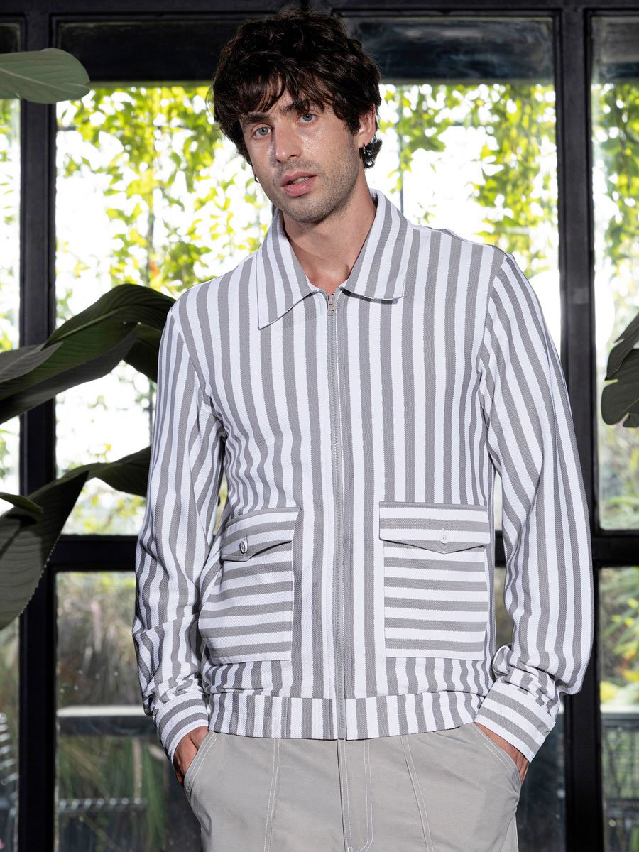 Men Grey Zip-Front Candy-Striped Jacket