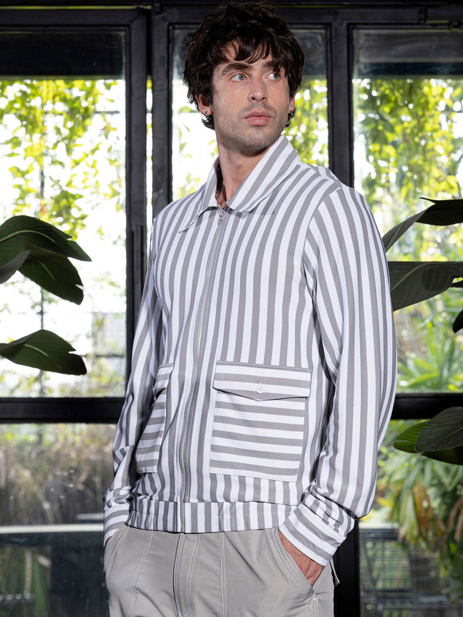 Men Grey Zip-Front Candy-Striped Jacket