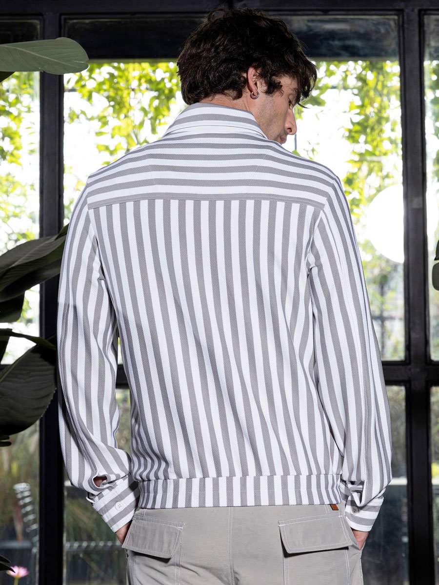 Men Grey Zip-Front Candy-Striped Jacket