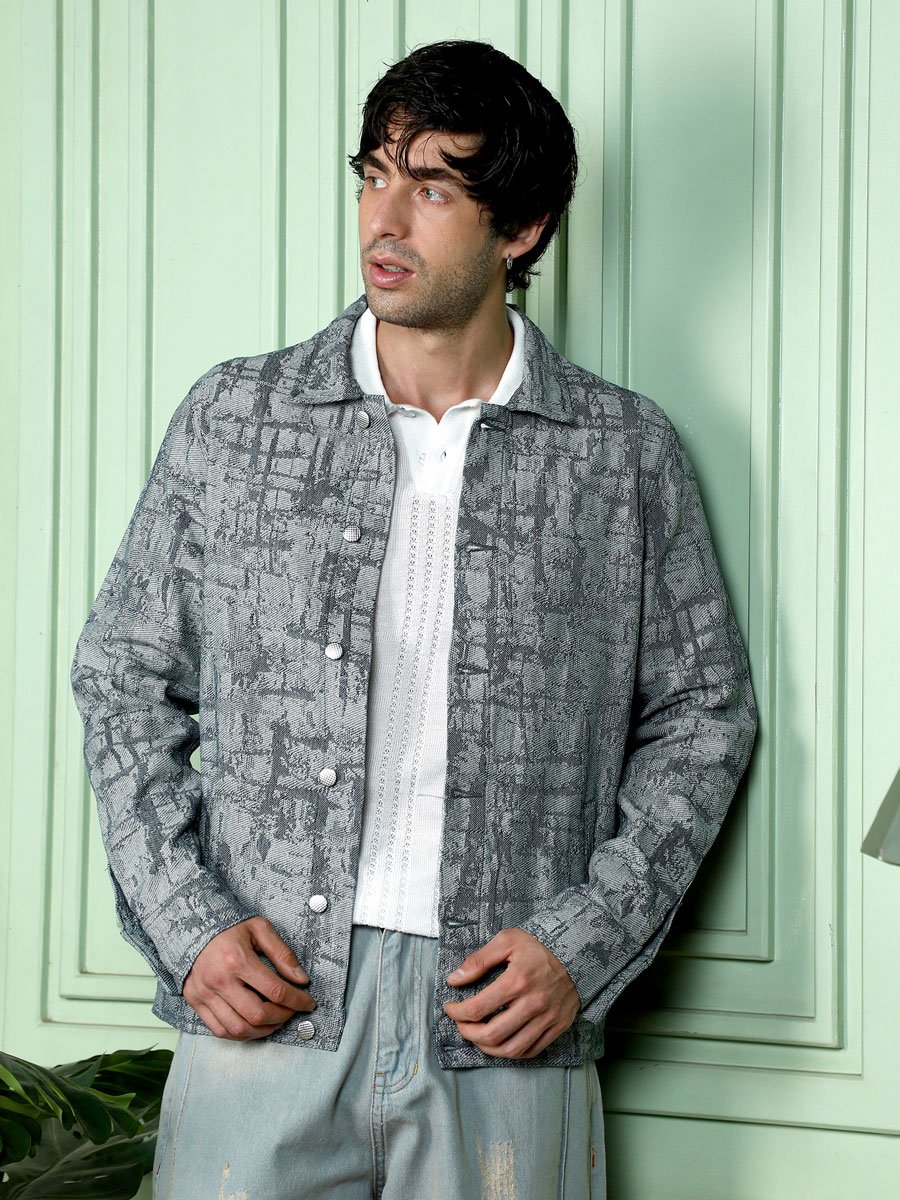 Men Black Abstract Jacquard-Denim Jacket