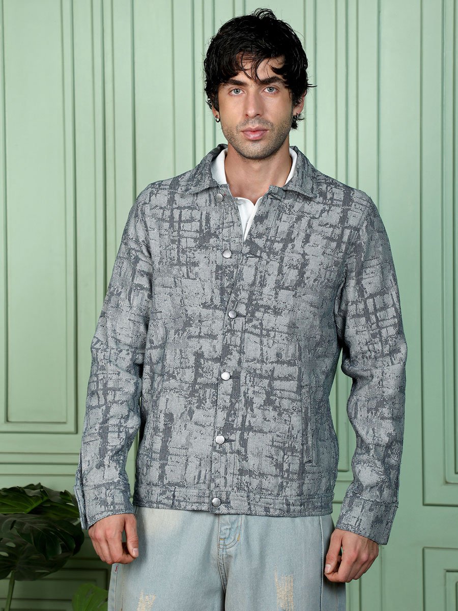 Men Black Abstract Jacquard-Denim Jacket