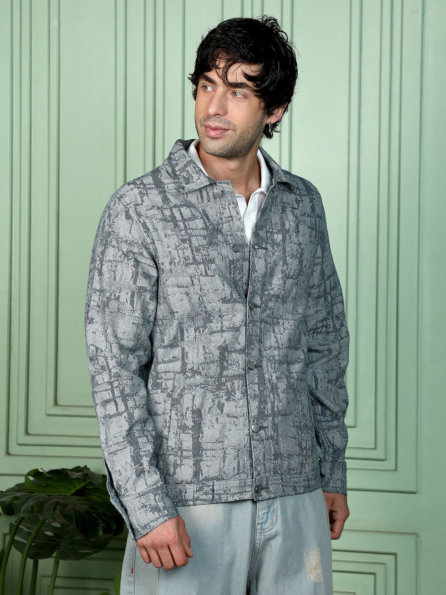 Men Black Abstract Jacquard-Denim Jacket