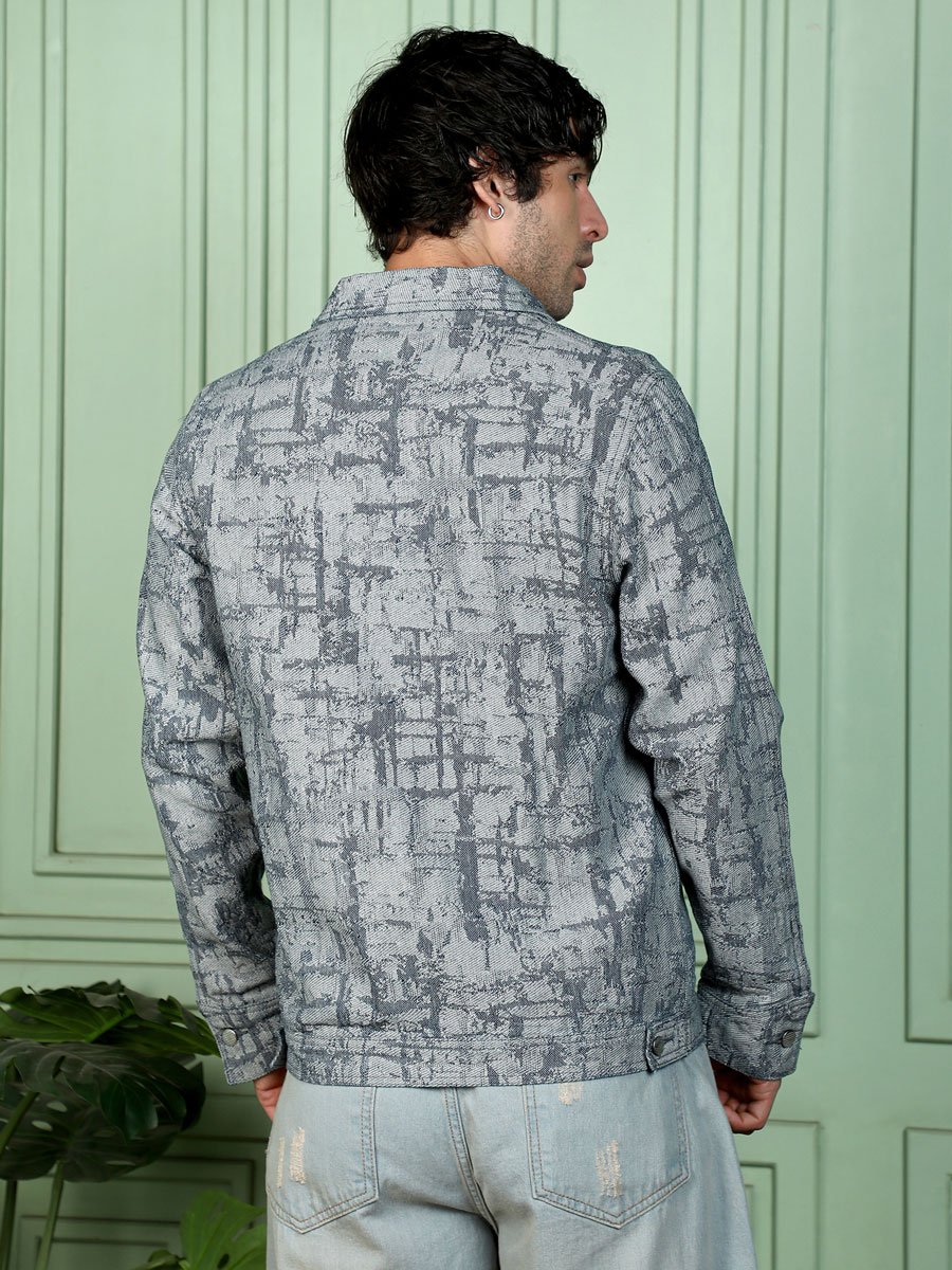 Men Black Abstract Jacquard-Denim Jacket