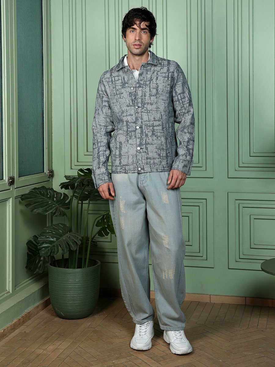 Men Black Abstract Jacquard-Denim Jacket