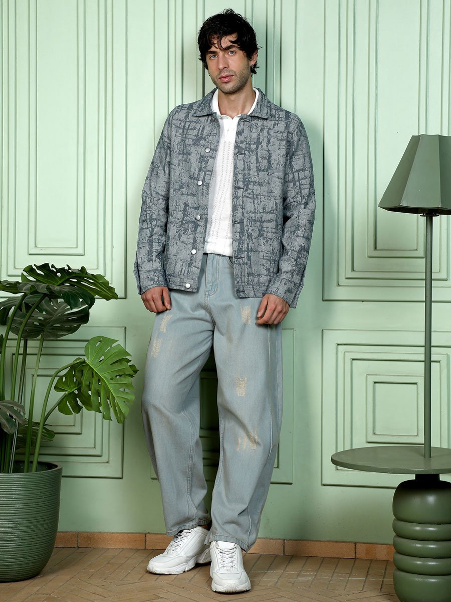 Men Black Abstract Jacquard-Denim Jacket