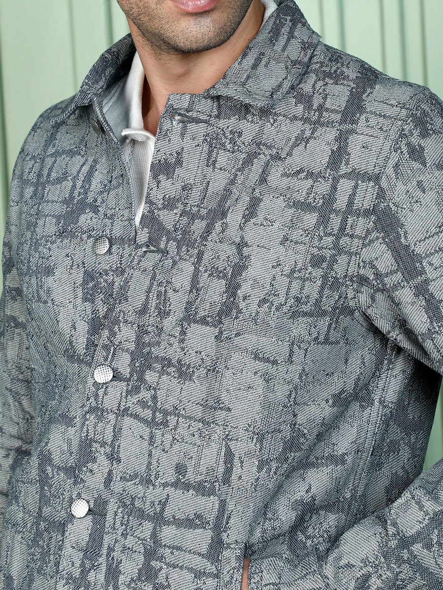 Men Black Abstract Jacquard-Denim Jacket