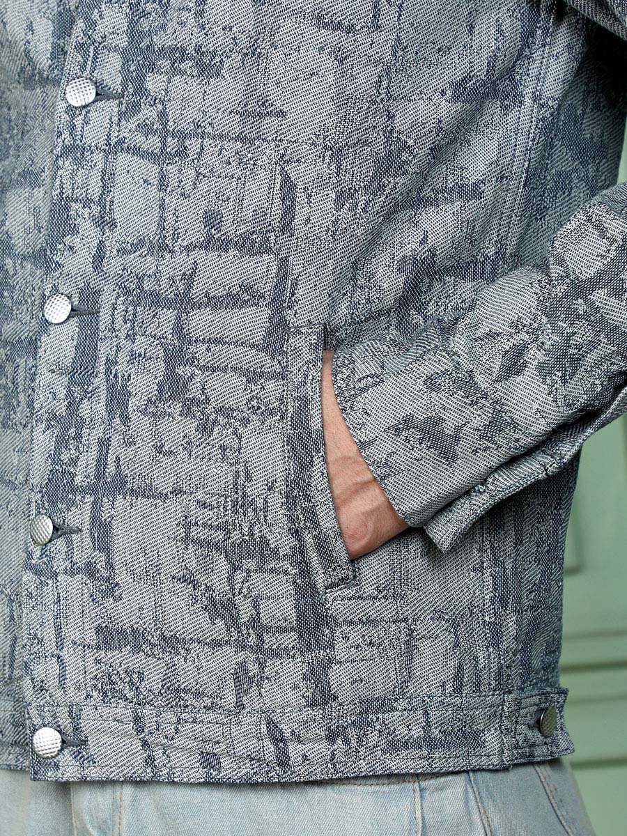 Men Black Abstract Jacquard-Denim Jacket