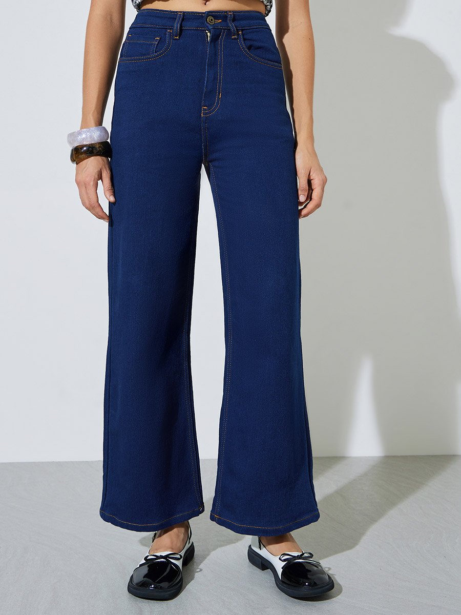 Dark Blue Mid Rise Wide Leg Jeans