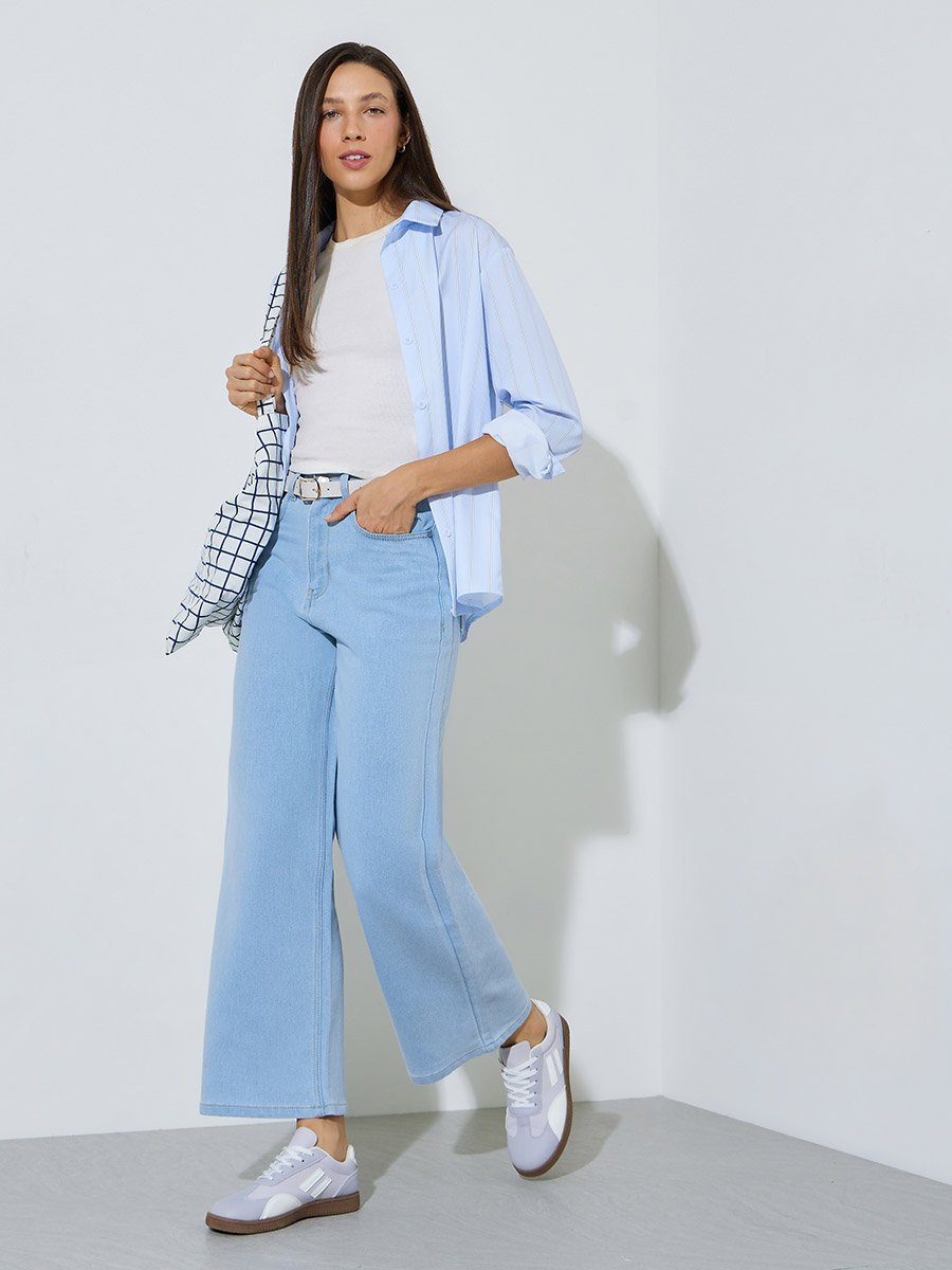 Light Blue Mid Rise Wide Leg Jeans