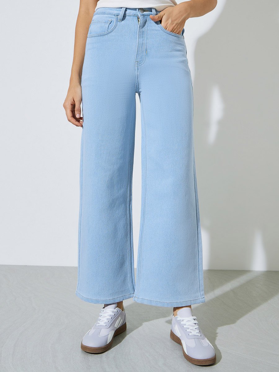 Light Blue Mid Rise Wide Leg Jeans