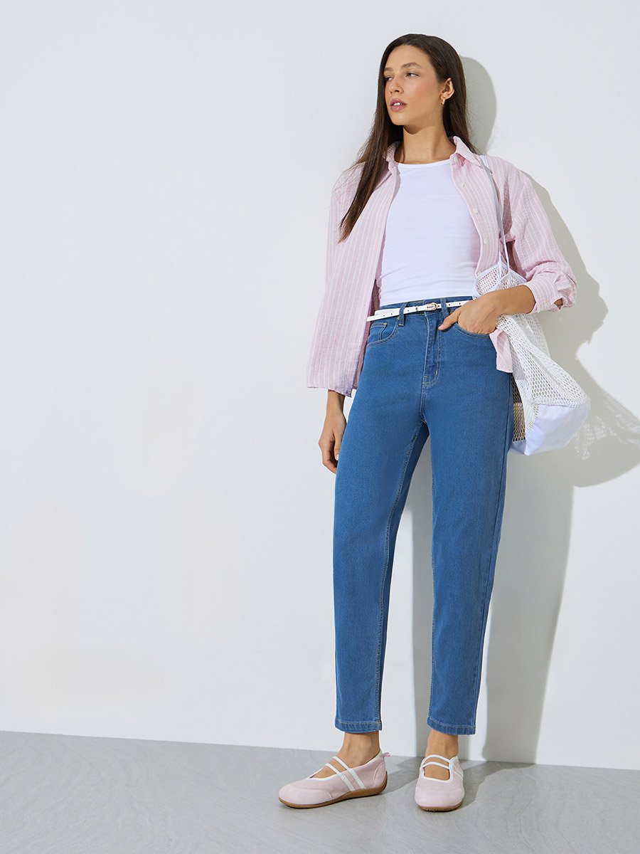 Medium Blue Mid Rise Mom Fit Jeans
