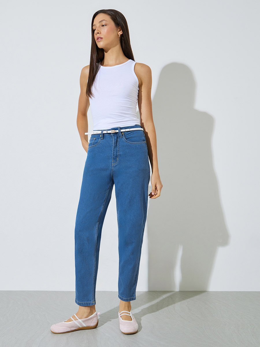 Medium Blue Mid Rise Mom Fit Jeans