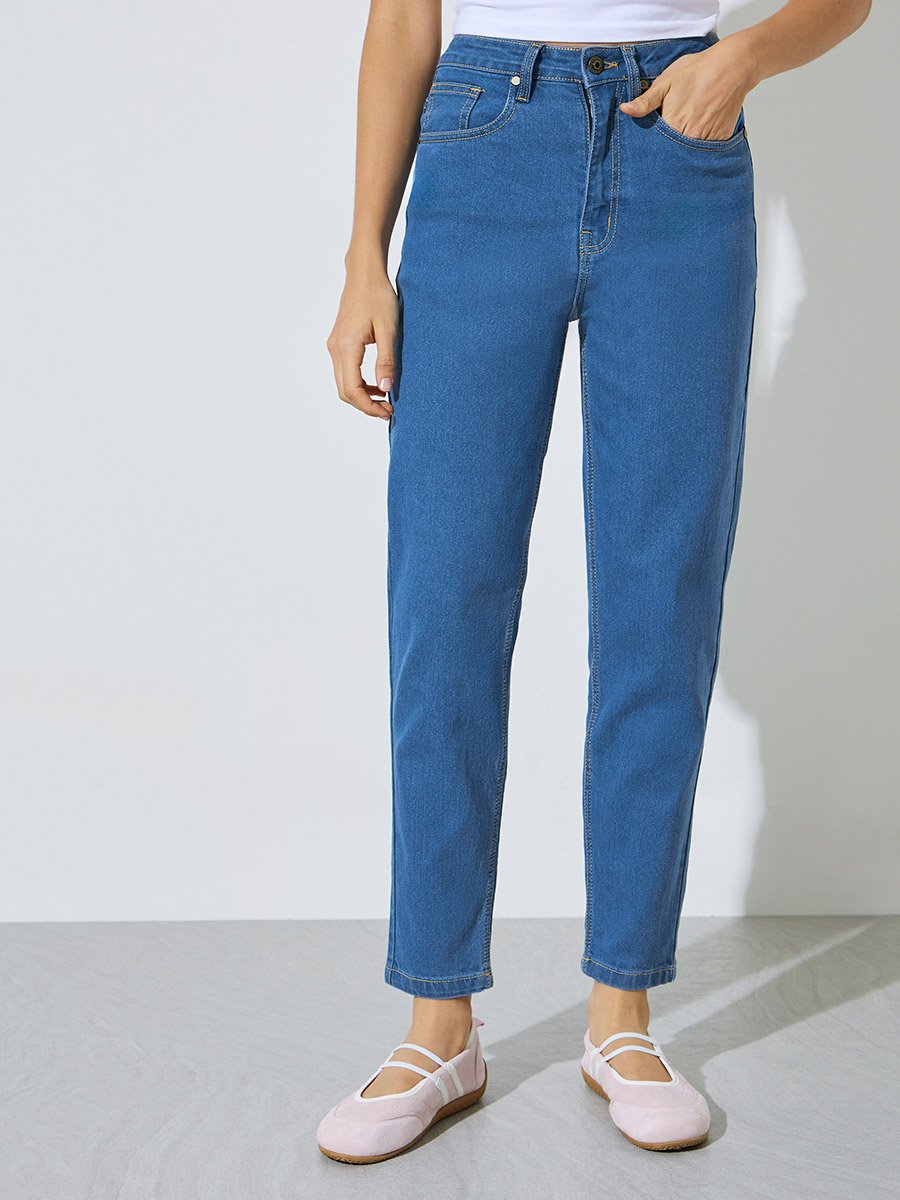 Medium Blue Mid Rise Mom Fit Jeans