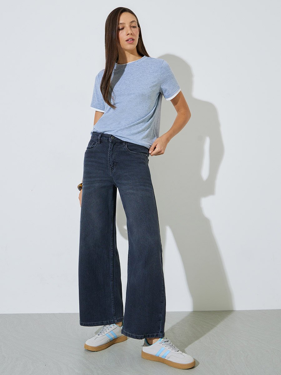 Charcoal Super Stretch Twill Cotton Wide Leg Jeans