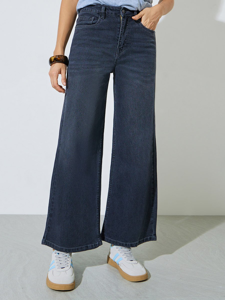 Charcoal Super Stretch Twill Cotton Wide Leg Jeans