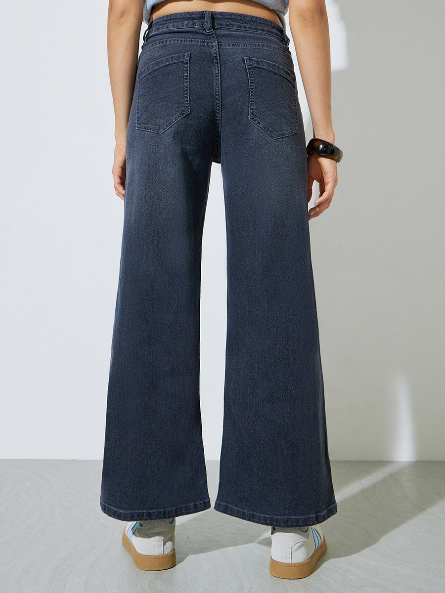 Charcoal Super Stretch Twill Cotton Wide Leg Jeans