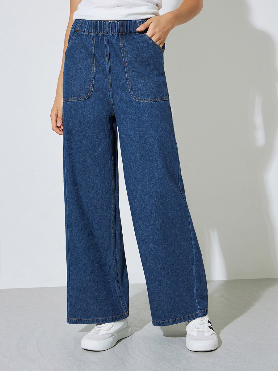 Dark Blue Jogger Style Wide Leg Jeans