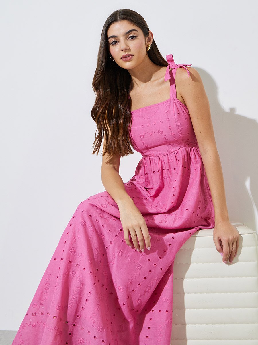 Pink Schiffli A-Line Maxi Dress