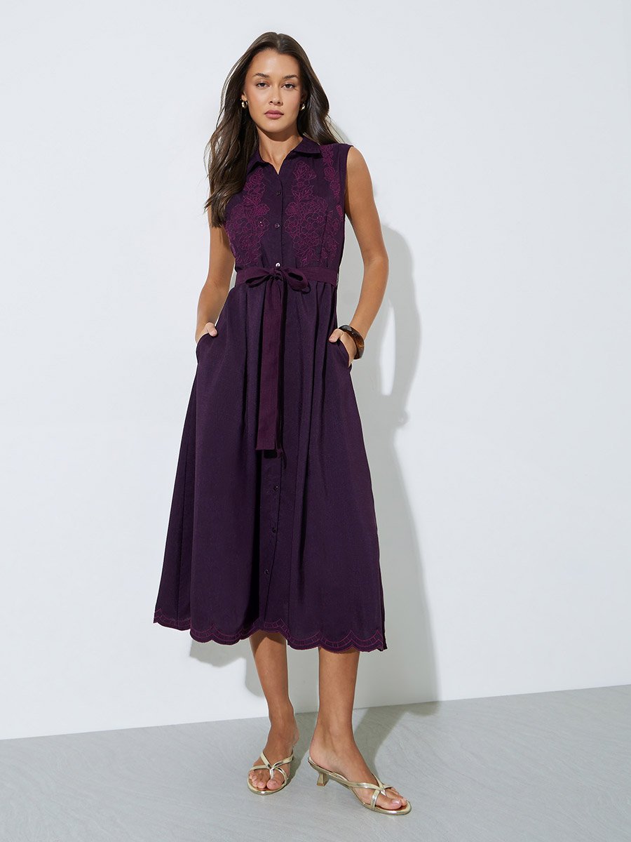 Burgundy Embroidered Belted Waist Shirt Midi Dress