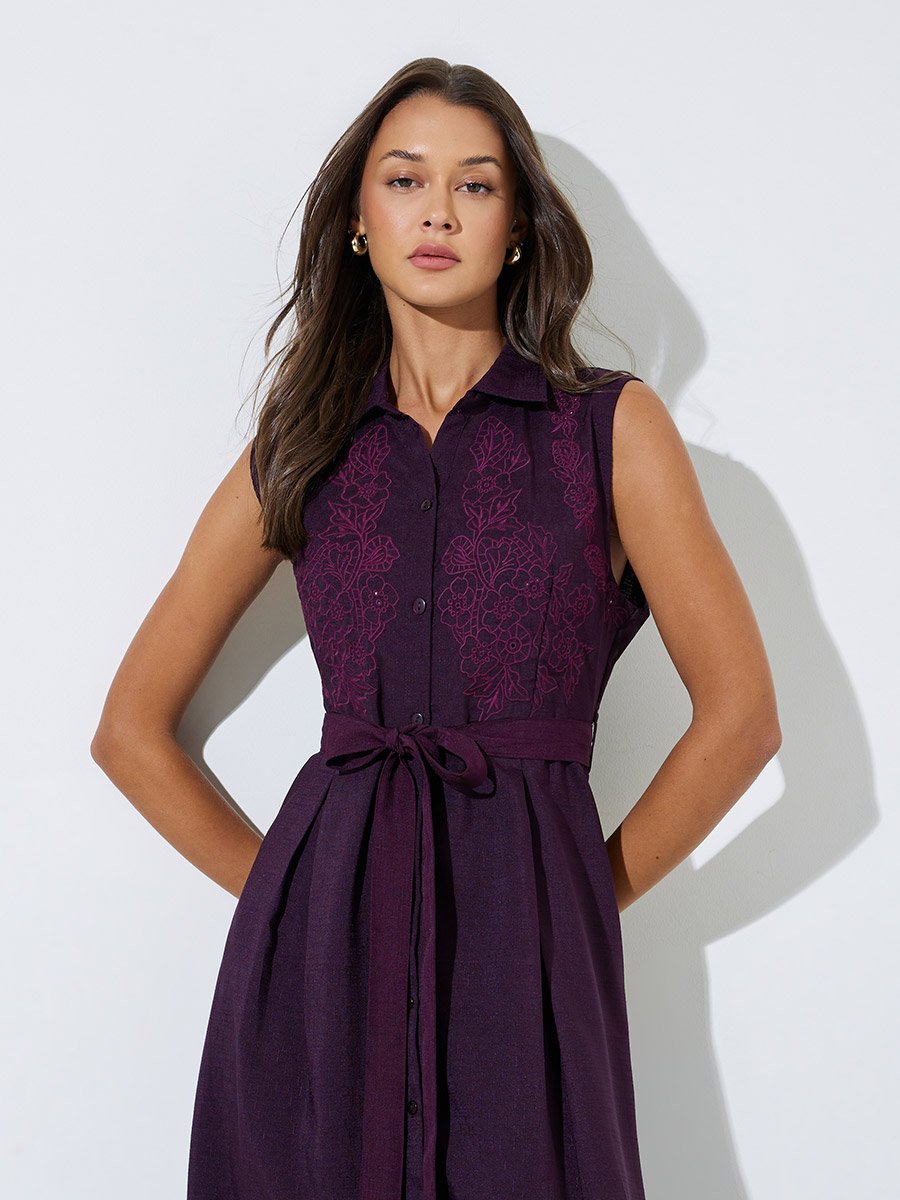 Burgundy Embroidered Belted Waist Shirt Midi Dress