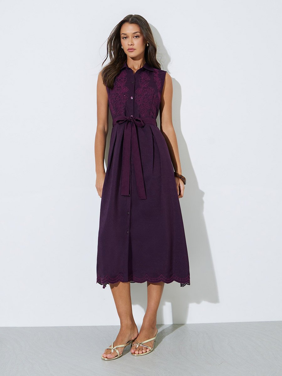 Burgundy Embroidered Belted Waist Shirt Midi Dress