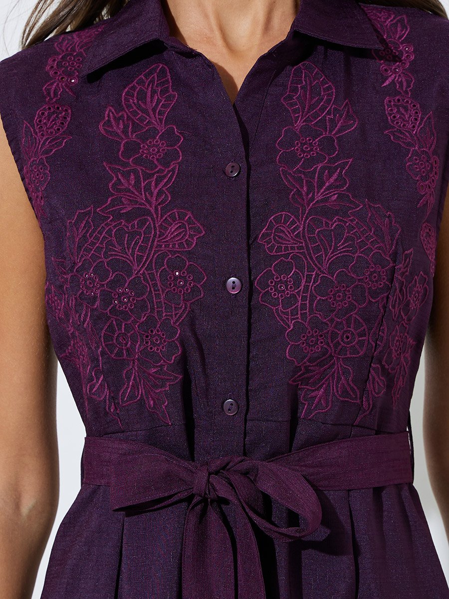 Burgundy Embroidered Belted Waist Shirt Midi Dress