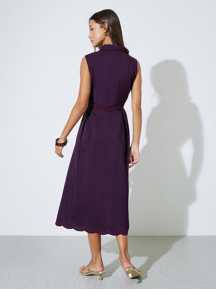 Burgundy Embroidered Belted Waist Shirt Midi Dress
