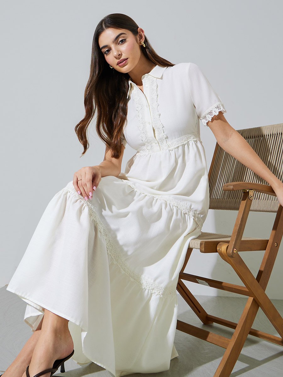 Off-White Lace Trim Short Sleeves Shirt Maxi Dress