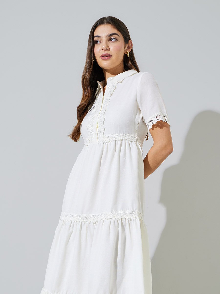 Off-White Lace Trim Short Sleeves Shirt Maxi Dress