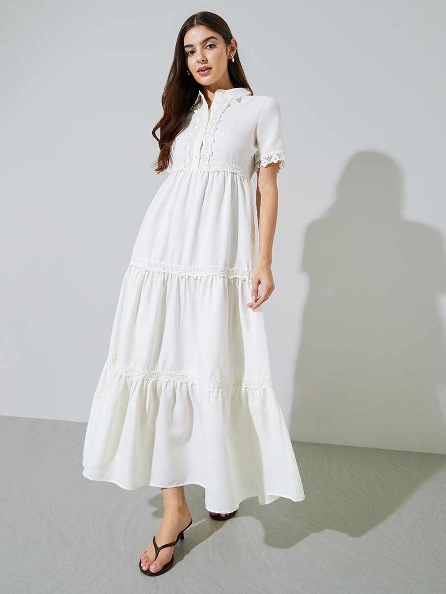 Off-White Lace Trim Short Sleeves Shirt Maxi Dress