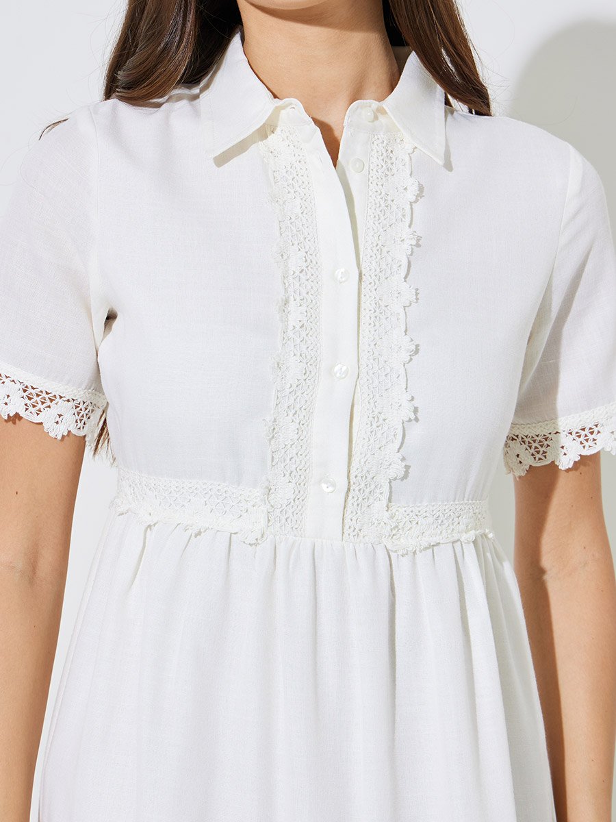 Off-White Lace Trim Short Sleeves Shirt Maxi Dress