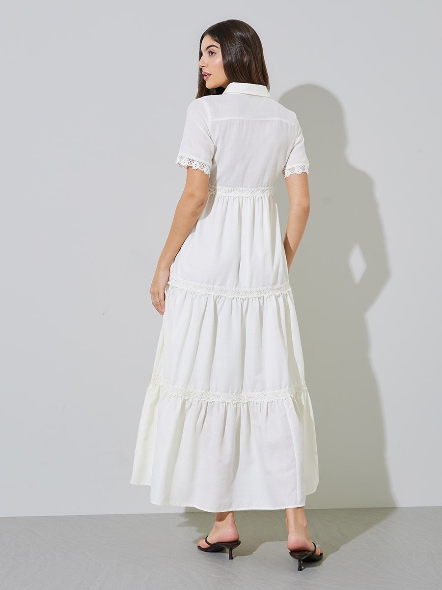 Off-White Lace Trim Short Sleeves Shirt Maxi Dress