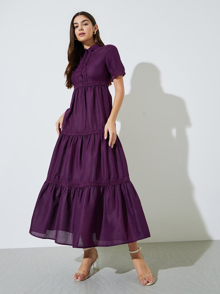Purple Lace Trim Short Sleeves Shirt Maxi Dress