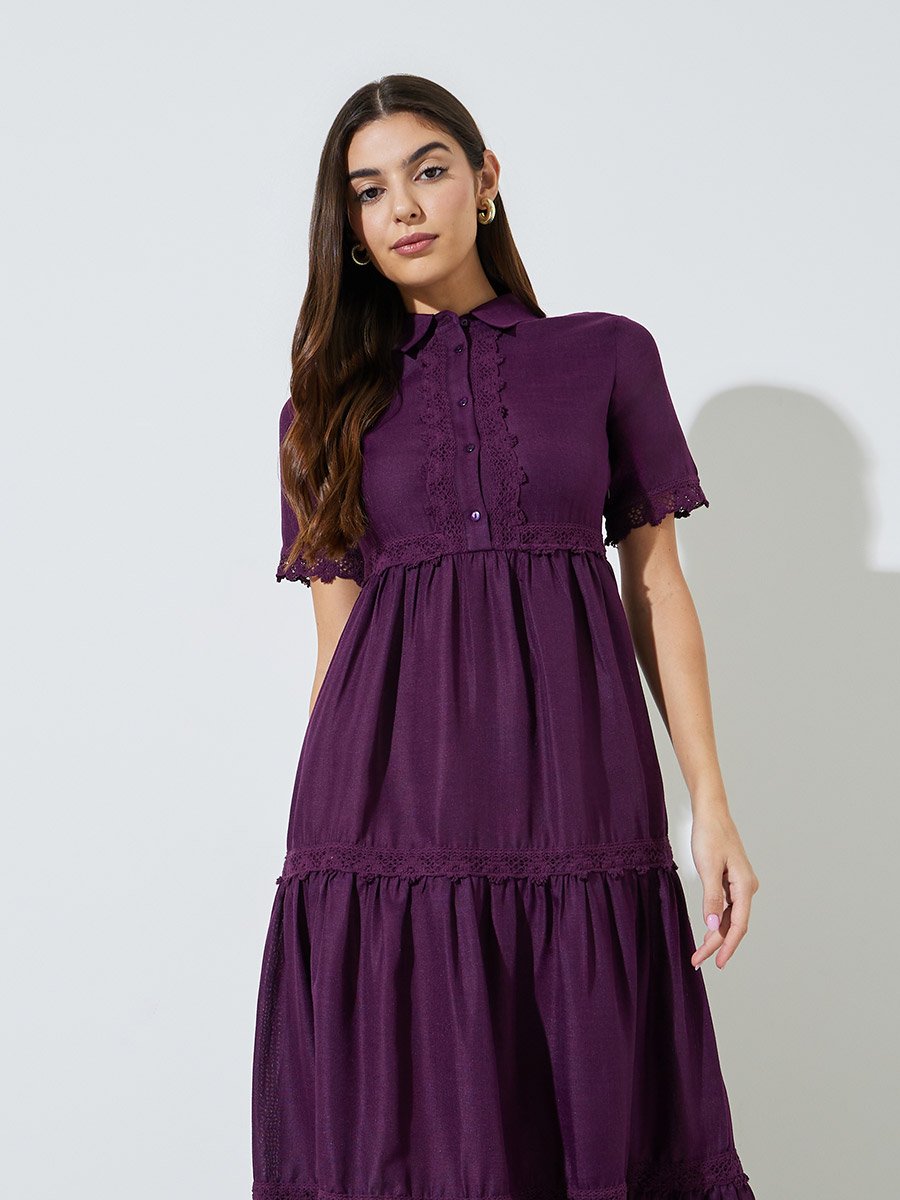 Purple Lace Trim Short Sleeves Shirt Maxi Dress