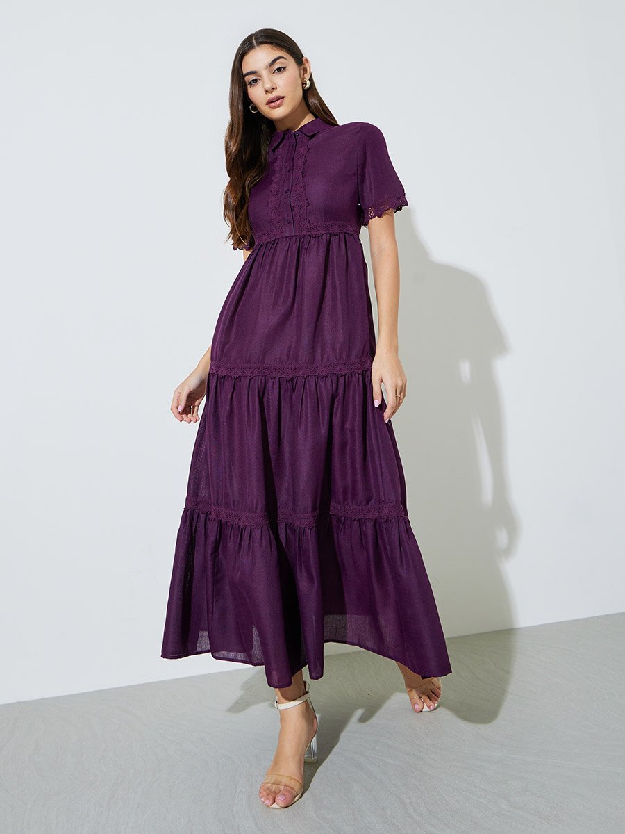 Purple Lace Trim Short Sleeves Shirt Maxi Dress