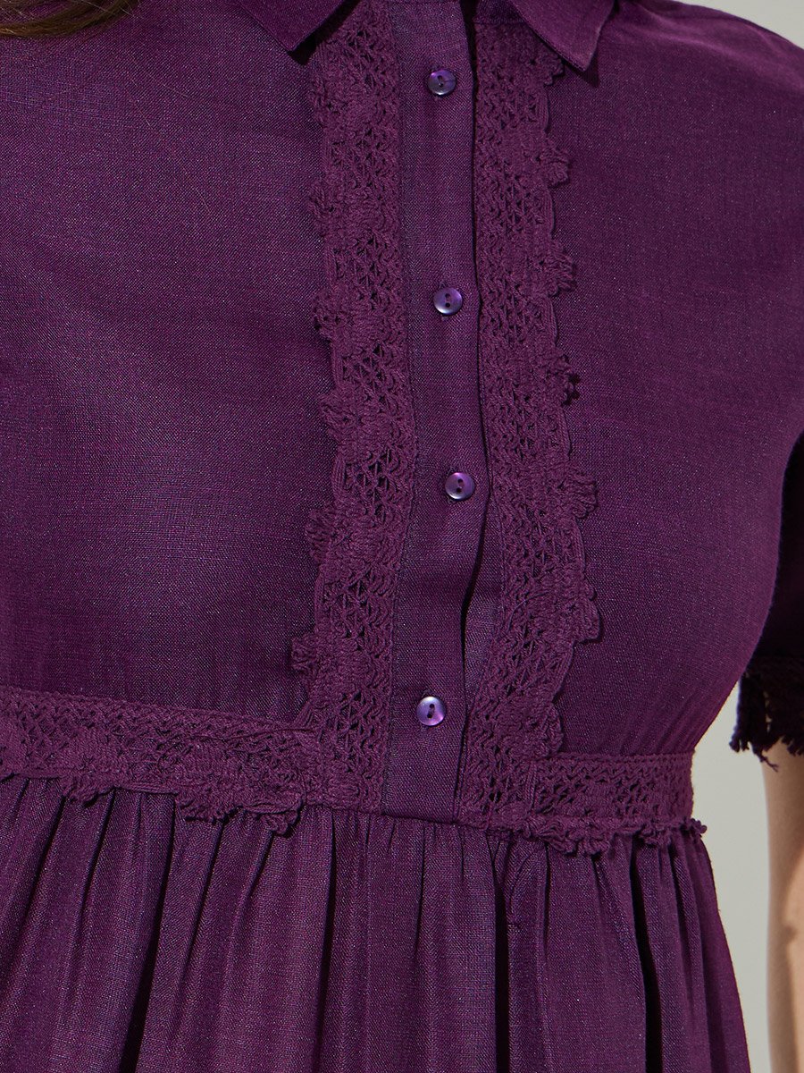 Purple Lace Trim Short Sleeves Shirt Maxi Dress