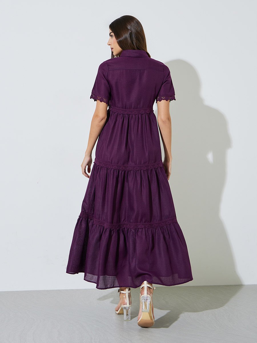 Purple Lace Trim Short Sleeves Shirt Maxi Dress