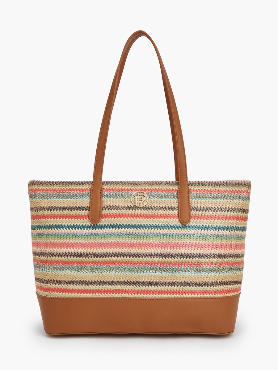 Striped Tote Bag with Zip Closure