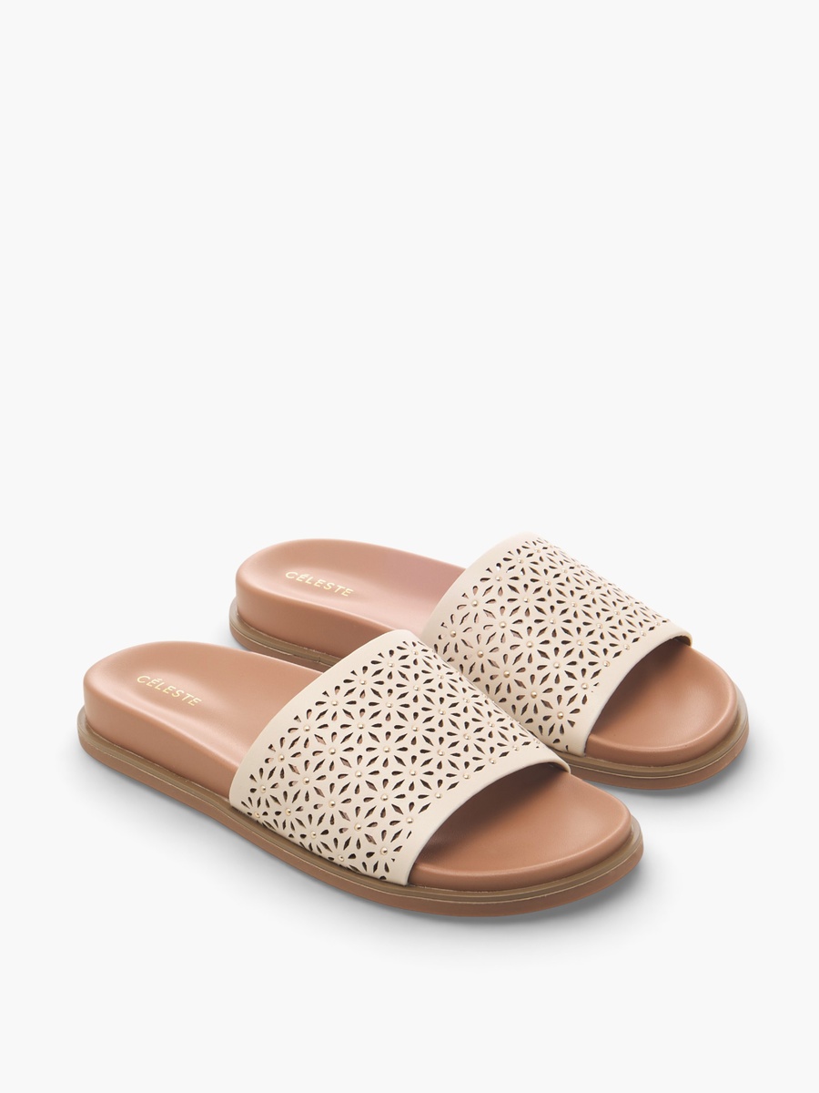 Women Laser Cut Textured Flat Sandals