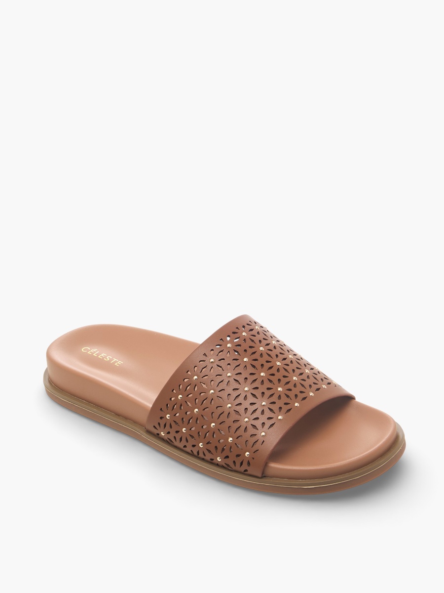 Women Laser Cut Textured Flat Sandals