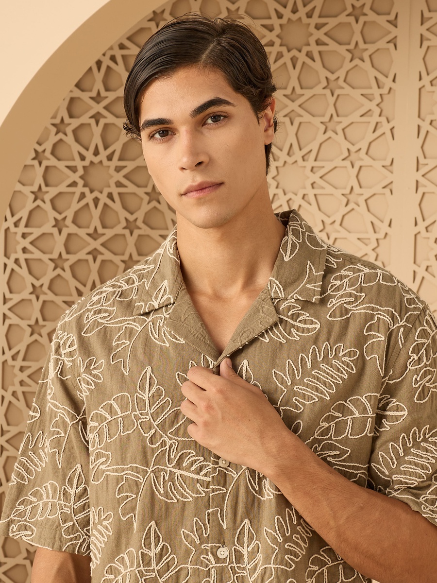 Embroidered Shirt with Camp Collar