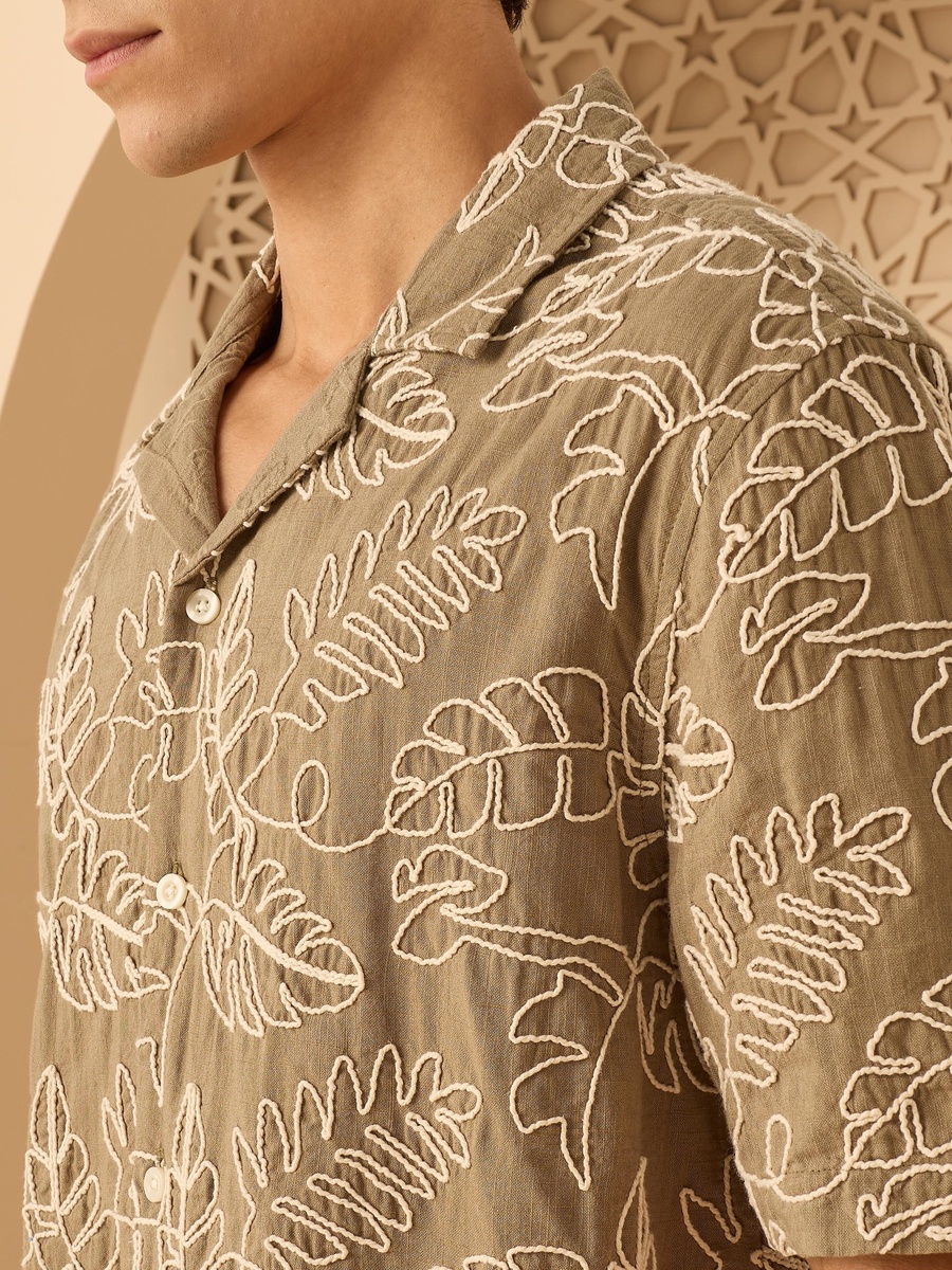 Embroidered Shirt with Camp Collar